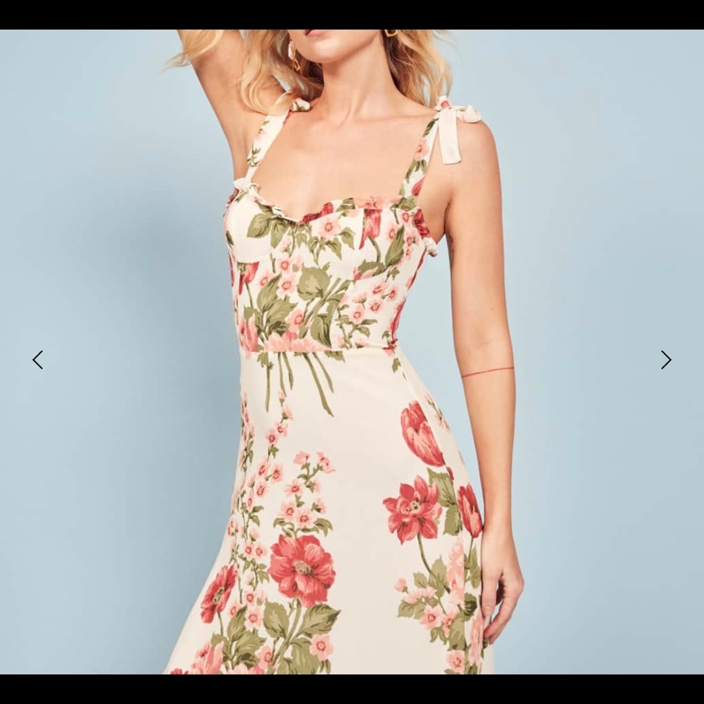 Reformation Cream Floral Midi Dress with Pink & Green Flowers - Picture 2 of 5